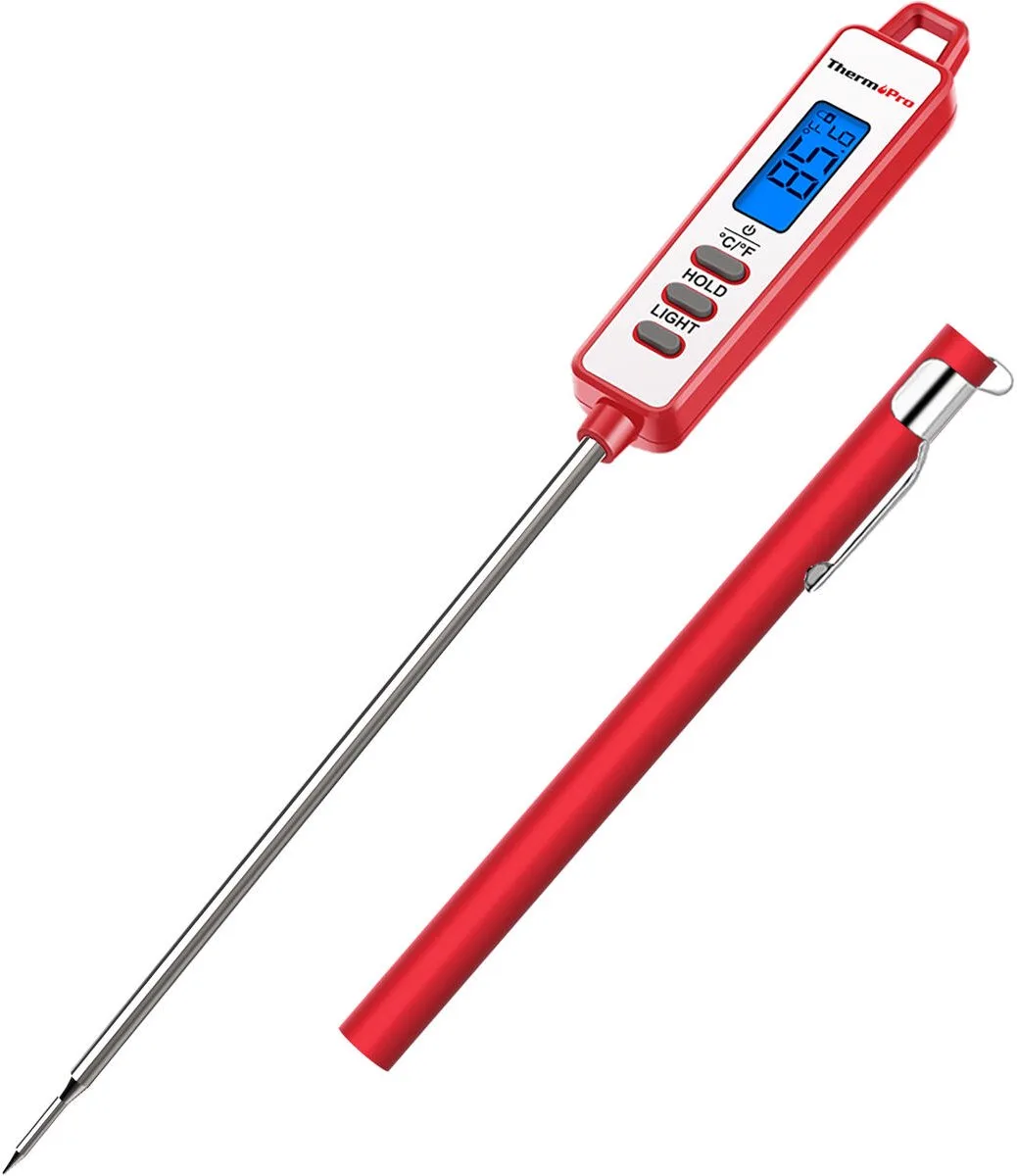 TP01H Vleesthermometer – Instant Read Keukenthermometer – Meetresultaat in 4-6 sec – ±0,5 °C Nauwkeurig – Lange RVS Sonde 13,5 cm – Verlicht LCD Display – Magneet – Voor BBQ, Oven, Frituren en Bakken van ThermoPro in Oranje – productfoto