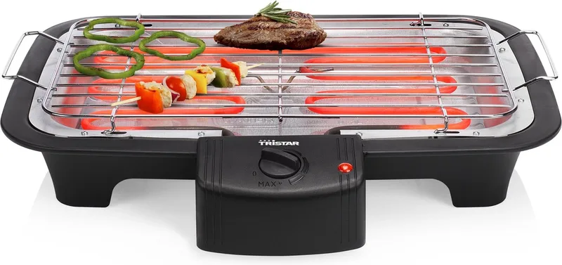 BQ-2813 Elektrische BBQ – Rookarme Tafelbarbecue 2000W – Grillrooster 38x22 cm – Perfect voor Balkon of Camping von Tristar in Schwarz – Produktfoto