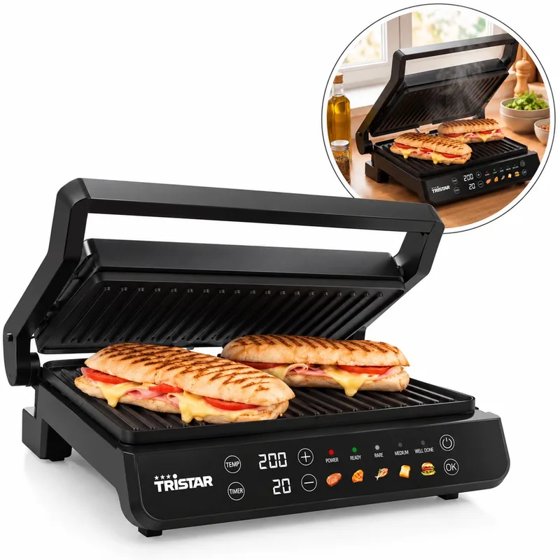 Digitale Contactgrill - Grill - Tosti Apparaat - 140 °C tot 220 °C - 15,4 x 35,7 x 31 cm van Tristar in Zwart – productfoto