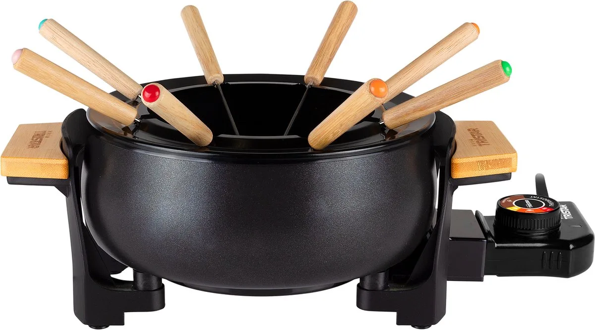 Fondueset Elektrisch FO-1108 - 1000W - 1,5L voor 8 personen - Incl 8 fonduevorkjes van Tristar in Bamboe – productfoto
