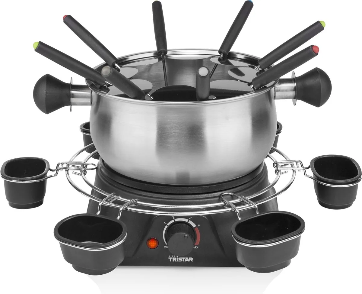 Fondueset Elektrisch FO-1109 - 1400W - 1,3L voor 8 personen - Incl bakjes, fonduering, vorkjes van Tristar in Rvs – productfoto