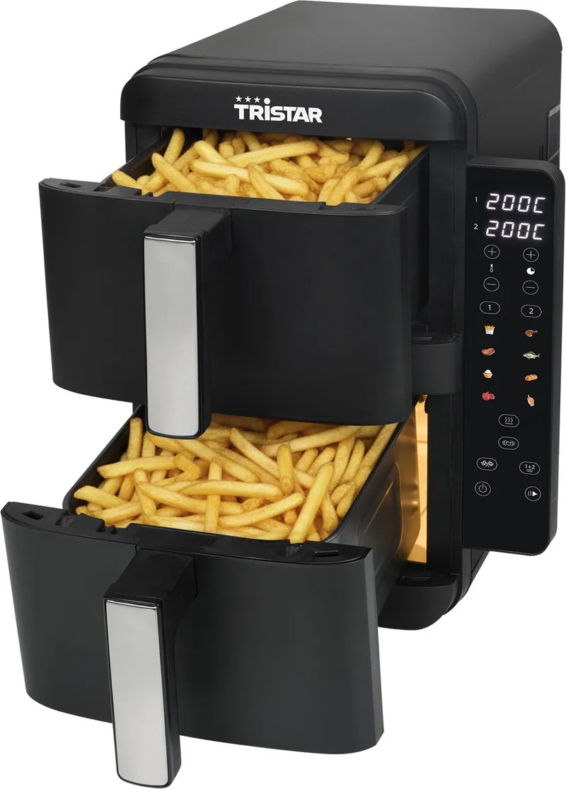 FR-9074 - Stack airfryer XXL - 9L - 2 onafhankelijke kookzones - Dubbele gestapelde lades - 8 kookprogramma's - 2400W - PFAS-vrij - Bespaart 45% Ruimte - 6 personen by Tristar in Black – product photo