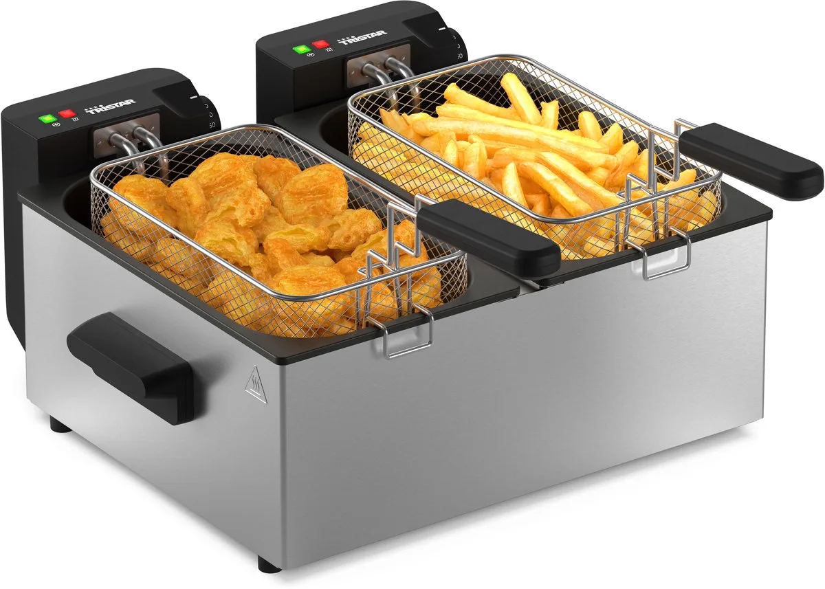 Frituurpan 2x3 liter - FR-9332 - Dubbele Friteuse 2x 1800W - Pannen apart te bedienen, koud zone van Tristar in Rvs – productfoto