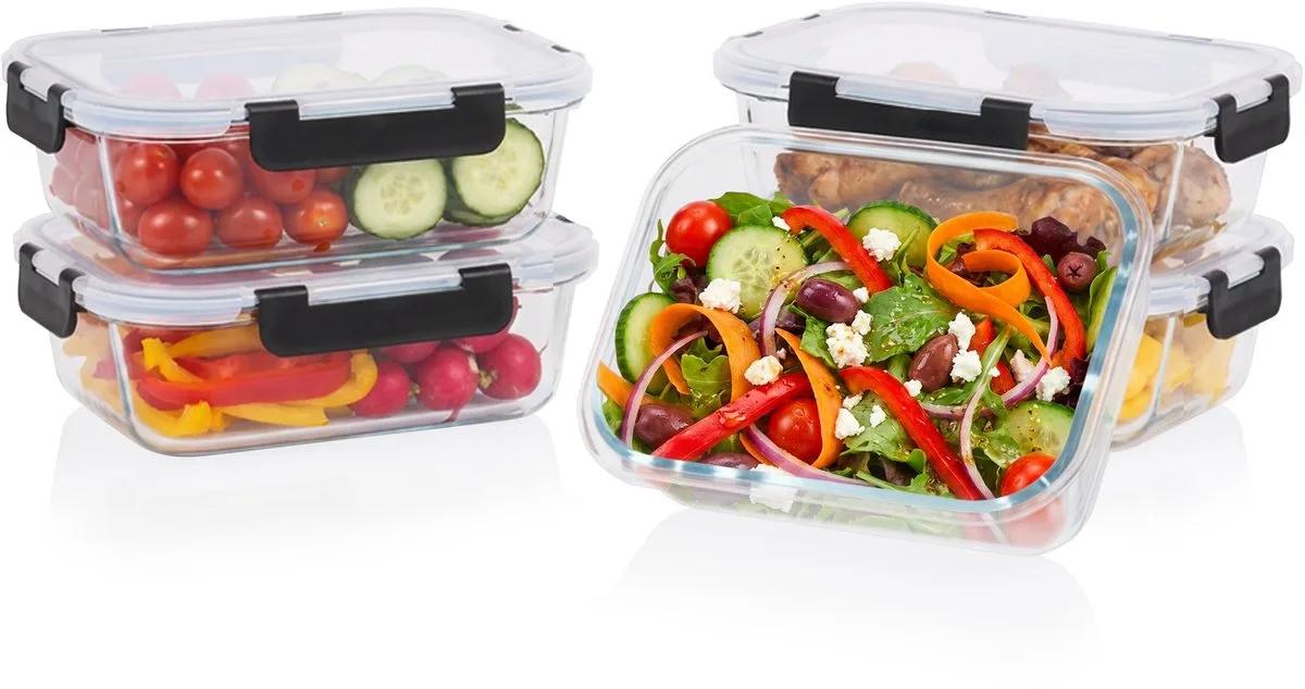 Glazen Vershoudbakjes - Meal Prep Bakjes - Volledig Glas - Set van 5 van 1 Liter - PFAS-vrij - Geschikt voor Oven, Magnetron, Diepvries & Vaatwasser - 5 Stuks - GV-0935 van Tristar in 5 Stuks – productfoto