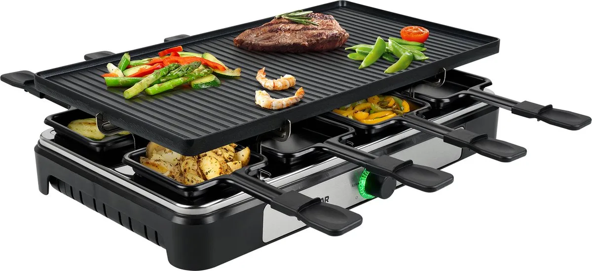 Gourmetset - Raclette RA-2748 - 1400W - Bakplaat 8 personen - Omkeerbare grillplaat - Regelbare Thermostaat - Incl 8 pannetjes, spatels van Tristar in Zwart – Omkeerbare plaat – productfoto