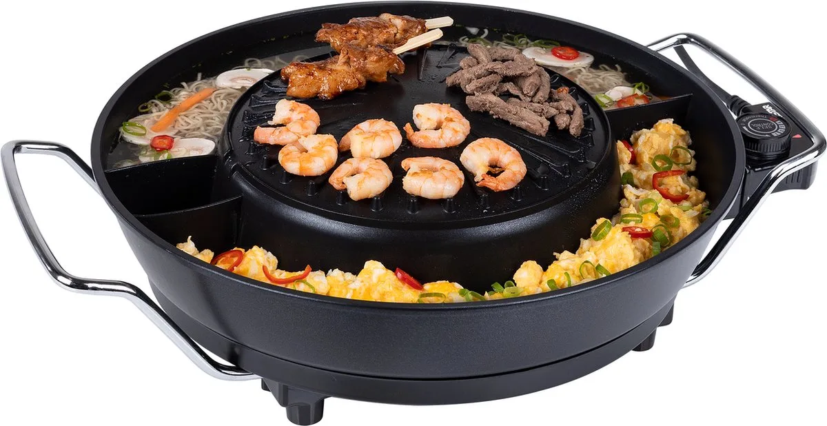 Hotpot Elektrisch PZ-9131 - 1800W - Chinese fondue 4 pers - Korian bbq - Incl tang, fonduevorken, fonduenetten van Tristar in Zwart – productfoto