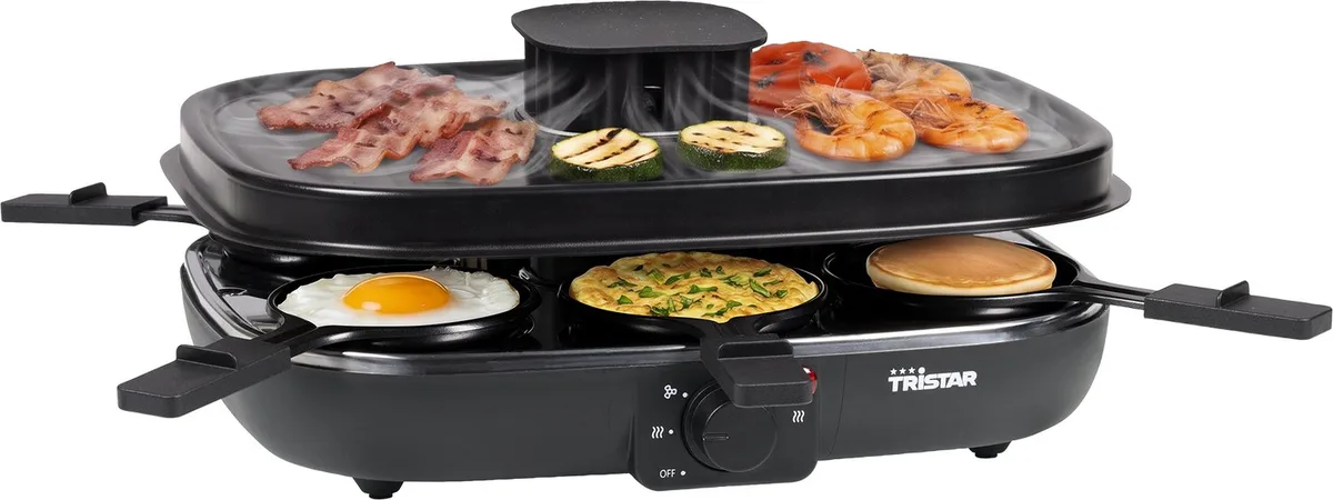 Raclette Clean Air - Gourmetstel - Met ingebouwde met Luchtfilter - 35 x 27,5 cm - 1100 W - 6 personen - RA-2765 van Tristar in Zwart – productfoto