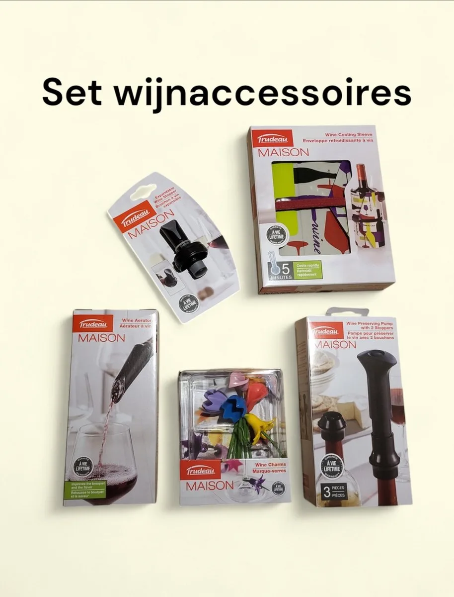 Set 5x Wijnaccessoires Vacuumpomp - Wijn Schenktuit - Wijnkoeler - Wijnglas Markers - Wijnstopper de Trudeau en Noir – photo produit