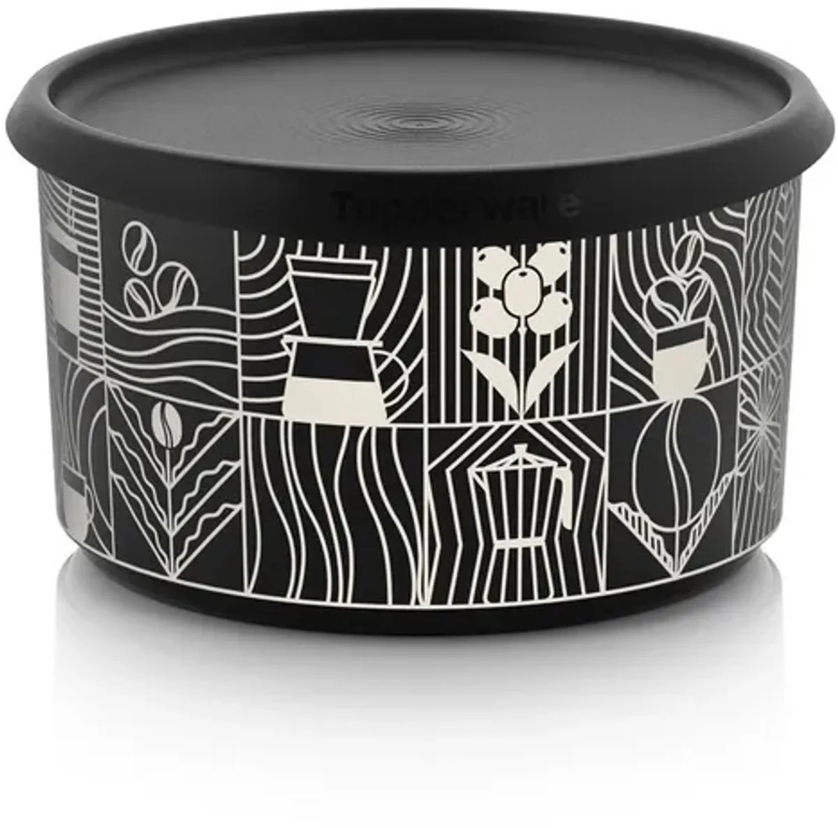 Koektrommel met Koffieprint - Koffiebus Koffie trommel bewaartrommel van Tupperware in Zwart – productfoto