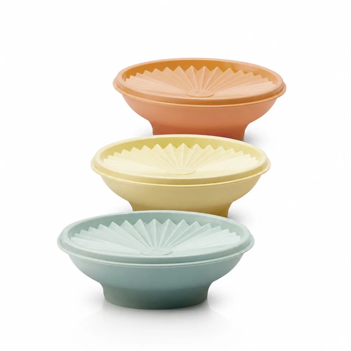 Tupperware 3 Vintage Zonnedeksel Kommen - Retro Zonnekommen Schalen Bakjes de Tupperware en Orange, Jaune, Vert – photo produit