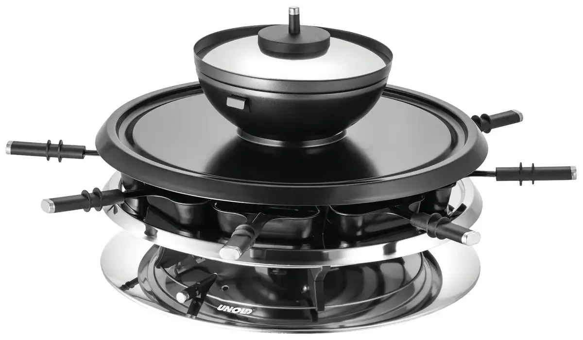 UNOLD RACLETTE 48726 Multi 4 in 1 - Raclette/Fondue/Grill/Heißer Stein Gourmetstel 8 fonduevorkjes, 8 pannen, Anti-aanbaklaag, Traploze van Unold in Rvs, Zwart – productfoto