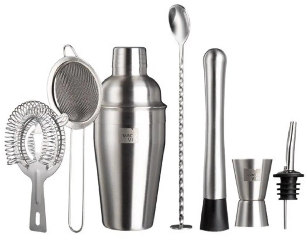 Cocktailset Plus – 7-delig – RVS – Cocktailshaker 550 ml – Complete Barset van Vacu Vin in Zilver – productfoto