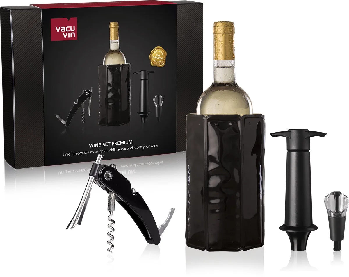 Premium Wijnset 4-delig – Kurkentrekker, Wijnkoeler, Wine Saver & Schenker – Cadeauset voor Wijnliefhebbers van Vacu Vin in Zwart – productfoto