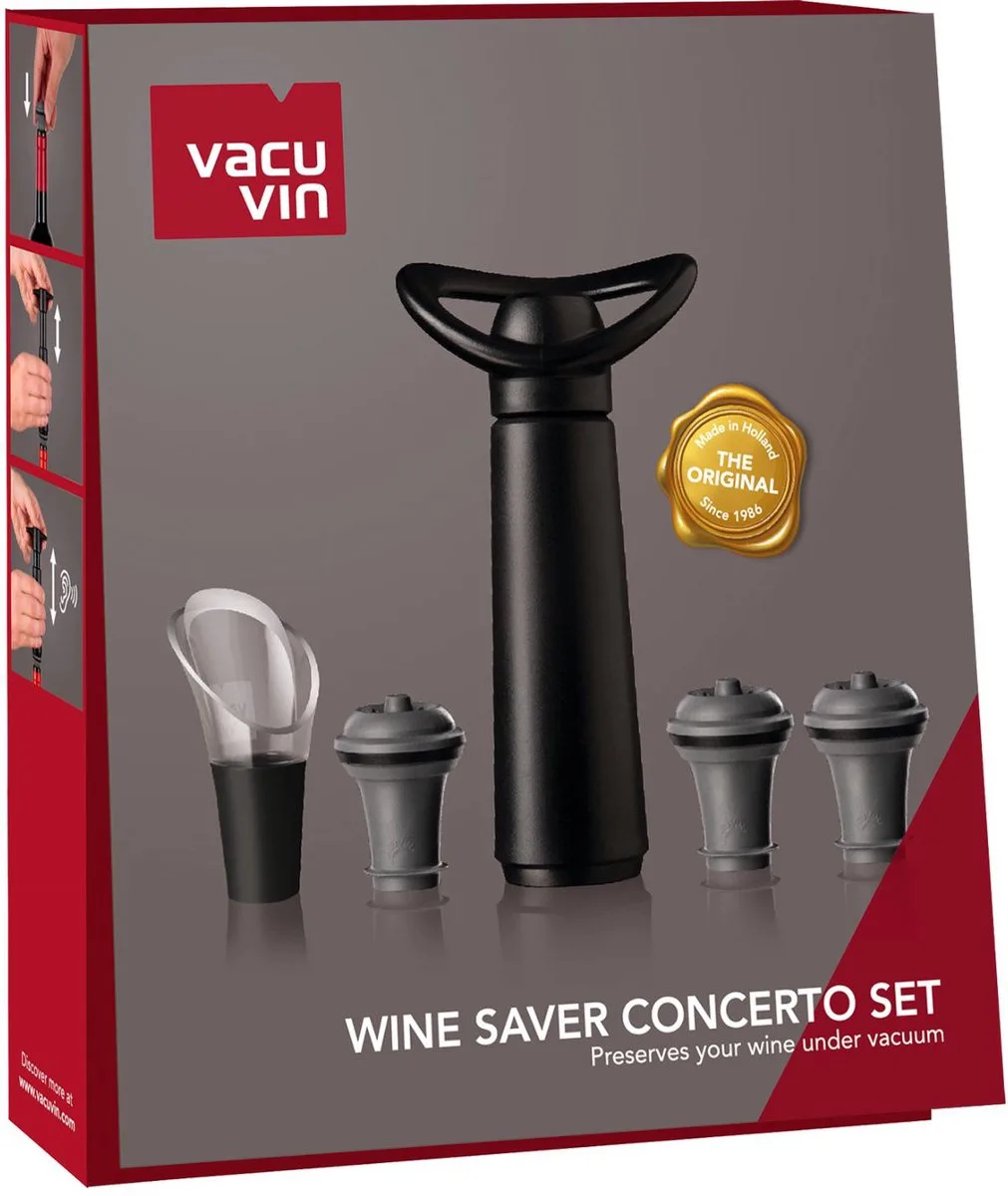 Wine Saver Concerto Zwart | Vacuüm Wijnpomp | 3 Vacuum Wine Stoppers, 1 Crystal Server van Vacu Vin in Meerkleurig – productfoto