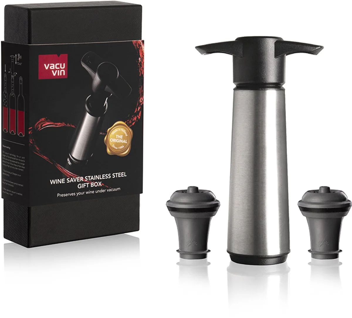 Wine Saver RVS | Vacuüm Wijnpomp | 2 Vacuum Wine Stoppers | Gift box von Vacu Vin in Silber – Produktfoto