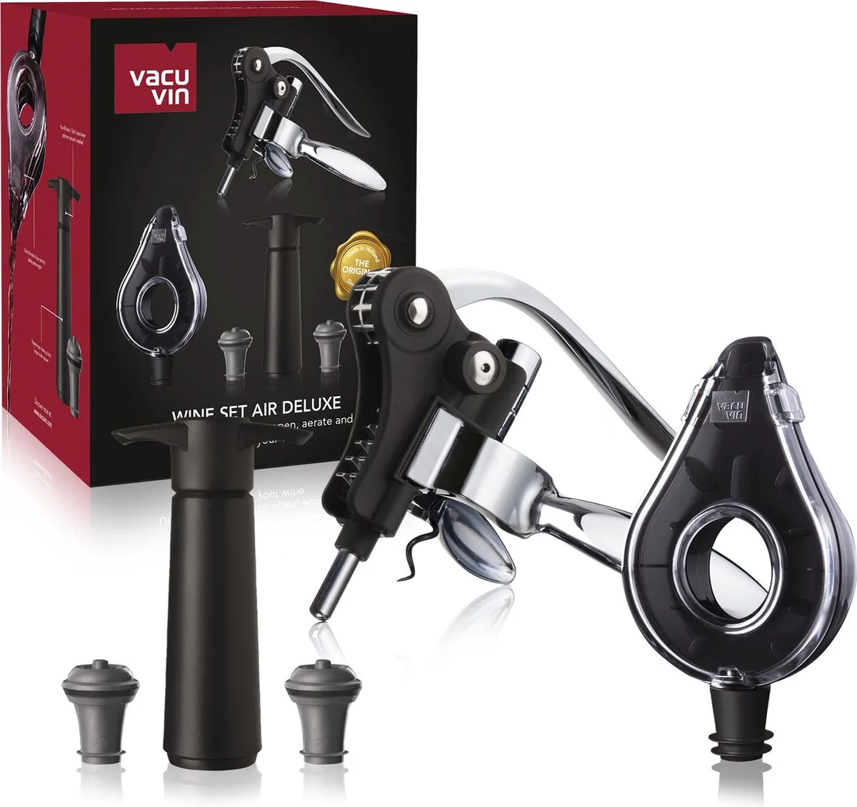 Wine Set Air Deluxe 5-delig – Complete Wijncadeauset – Kurkentrekker, Beluchter, Wine Saver en 2 Wijnstoppers van Vacu Vin in Zwart – productfoto