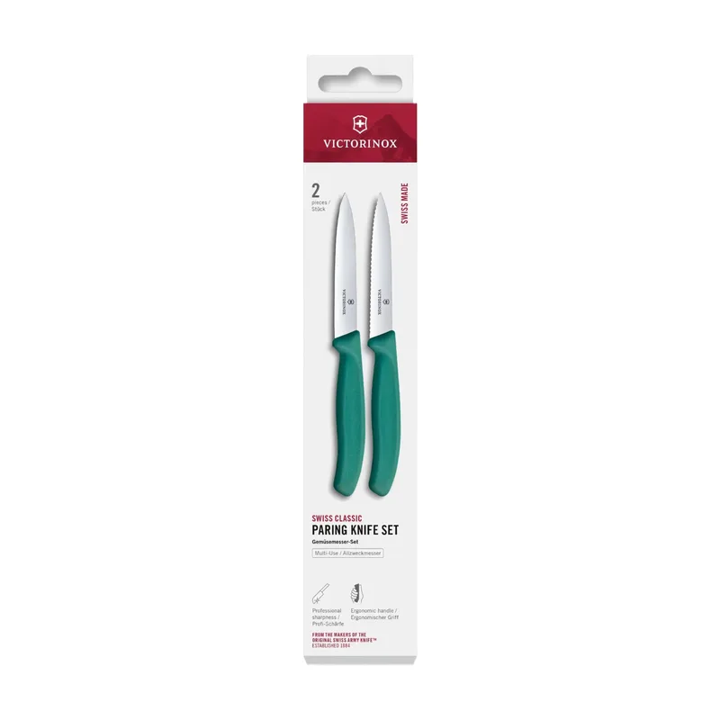 Schweizer Klassik Gemüsemesser-Set, 2-teilig, 10 cm, glatter Schliff/Wellenschliff, Grün, Box by Victorinox – product photo