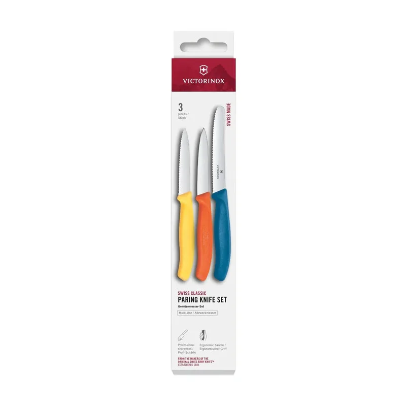 Schweizer Klassik Gemüsemesser-Set, 3-teilig, glatter Schliff/Wellenschliff, Gelb/Orange/Blau by Victorinox – product photo