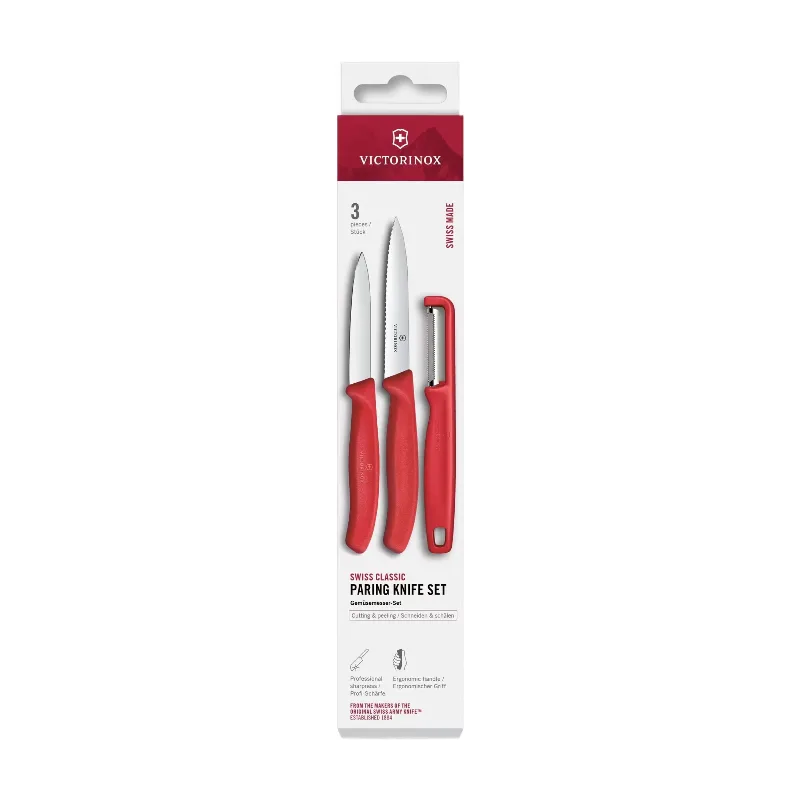 Swiss Classic, Gemüsemesser mit I-Schäler, 3-teiliges Set, Rot, in Schachtel van Victorinox – productfoto