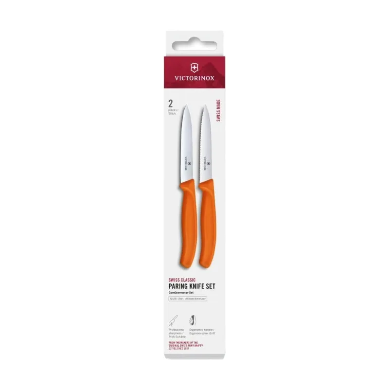 Swiss Classic Gemüsemesser-Set, 2 Stück, 10 cm, gerade/gewellt, Orange, in Schachtel by Victorinox – product photo