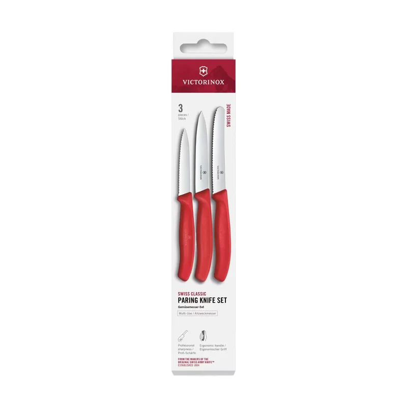 Swiss Classic Gemüsemesser-Set, 3-teilig, Gerade/Welle, Rot, in Schachtel by Victorinox – product photo