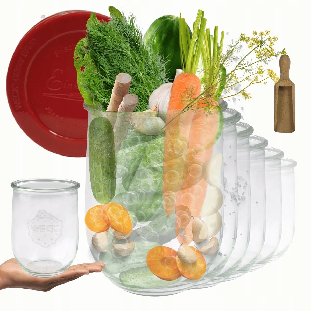 Glazen Potten 1062ml met Siliconen Deksel & Maatbeker - Set van 6 de Weck en Transparent – photo produit