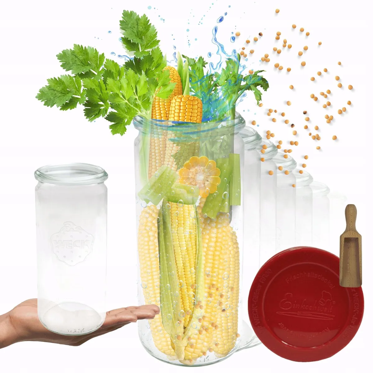 Glazen Potten 1L met Siliconen Deksel & Maatbeker - Set van 6 van Weck in Transparant – productfoto