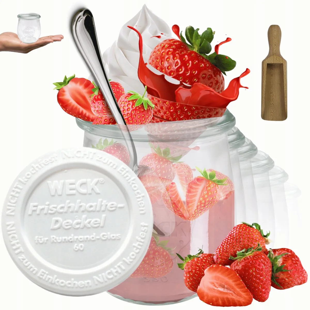 Glazen Potten 220ml met Plastic Deksel en Maatbeker - Set van 6 van Weck in Transparant – productfoto