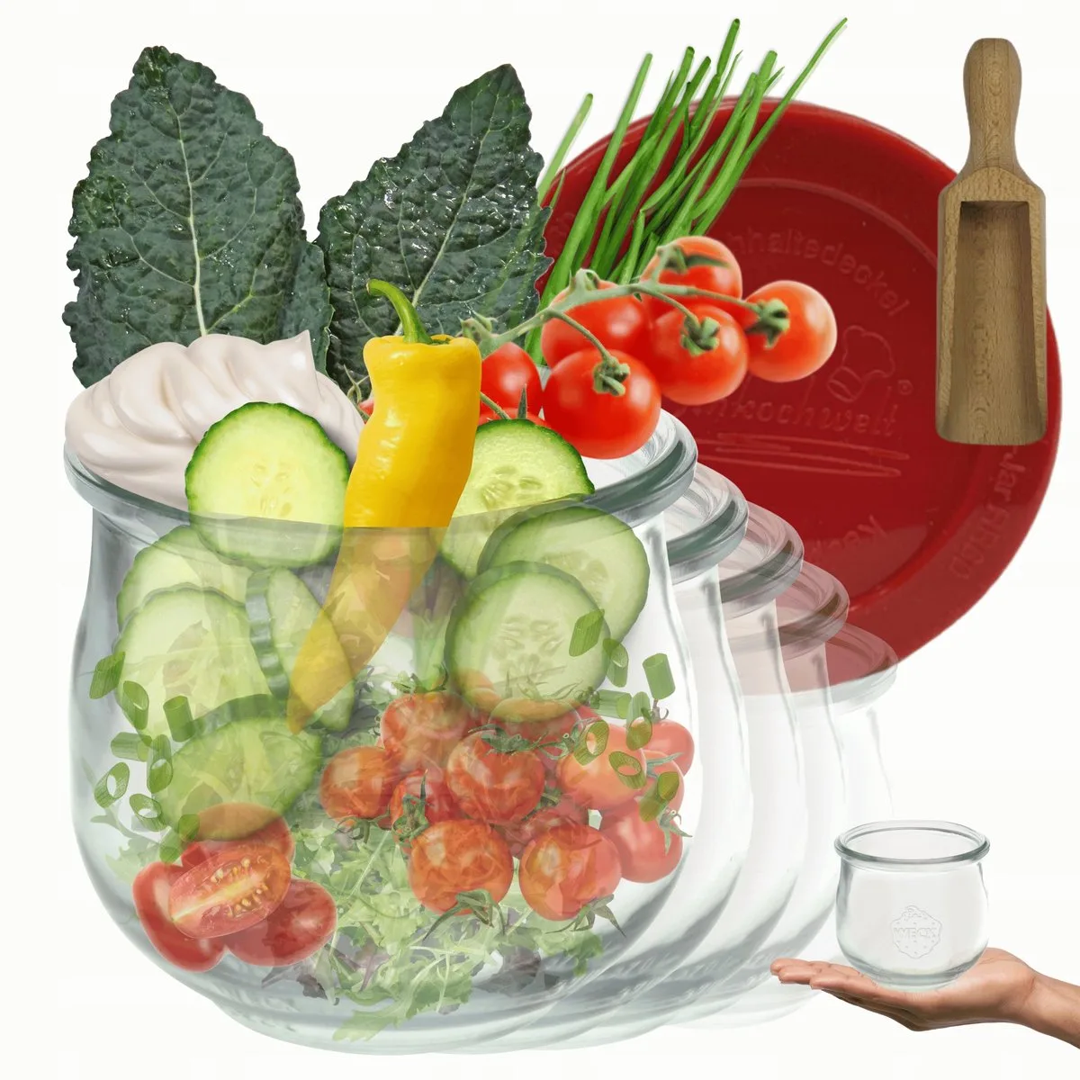 Glazen Potten 370ml met Siliconen Deksel en Maatbeker - Set van 6 by Weck in Transparent – product photo