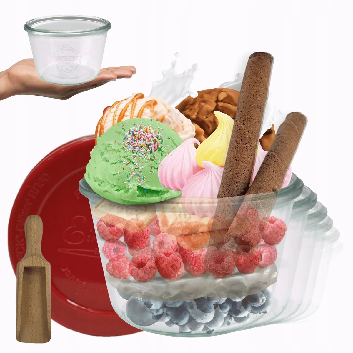 Glazen Potten 370ml met Siliconen Deksel & Maatbeker - Set van 6 van Weck in Transparant – productfoto