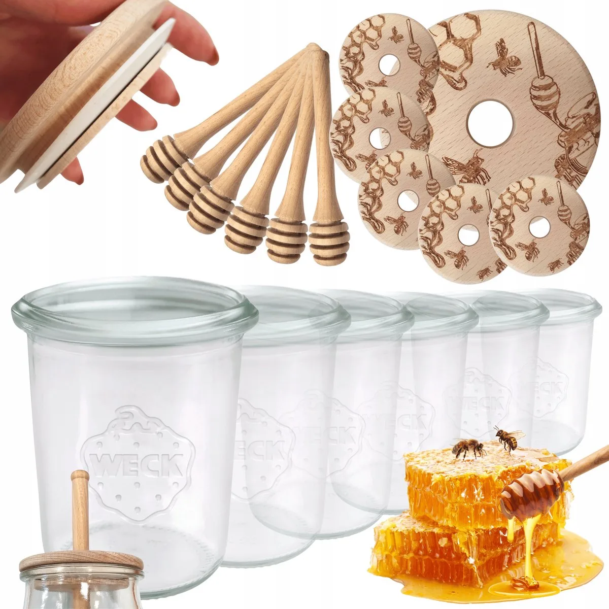 Honingpotjes met Houten Lepel en Deksel - 160ml - Set van 6 by Weck in Transparent – product photo