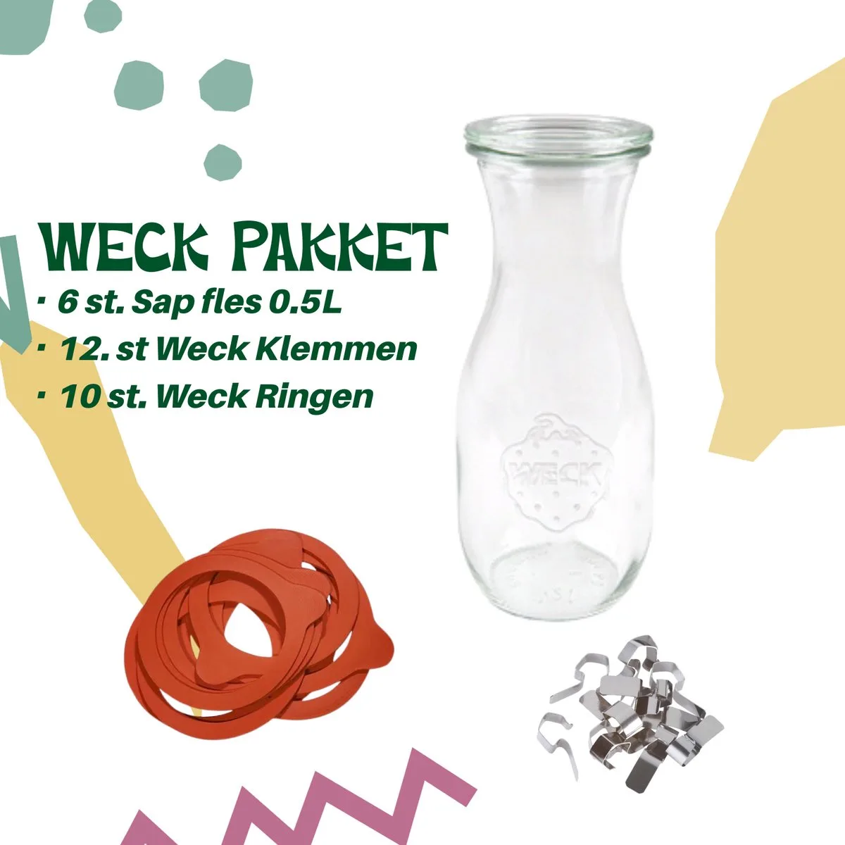 Weckpot set / Weck Sap fles 0,5L/ Weckringen / Inmaakringen/ ø60 / 10st. Ringen / Glas 6st. / Weck pot / Flessen de Weck en Transparent, Rouge – photo produit