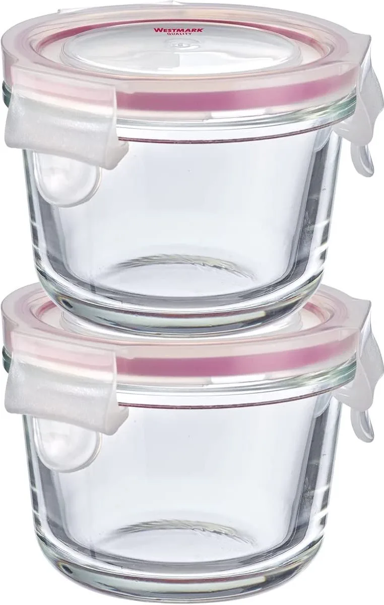 2 glazen vershouddozen met clipdeksel, ronWestmark Set, 2 glazen voedselbewaarcontainers met clipdeksel, rond, vulvolume: 150 ml elk, geschikt om in te vriezen, magnetron- en ovenbestendig, glas/siliconen/plastic, transparant/rood, 233122E3 de Westmark en Transparent – photo produit
