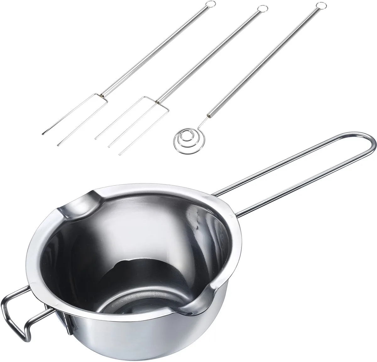 au bain-marie-smeltkom en chocolade-dompelvorkenset (3-delig) – Smeltkom met schenktuiten voor dubbelzijdig schenken – Dompelvork voor het onderdompelen en decoreren – Roestvrij staal van Westmark in Zilver – productfoto