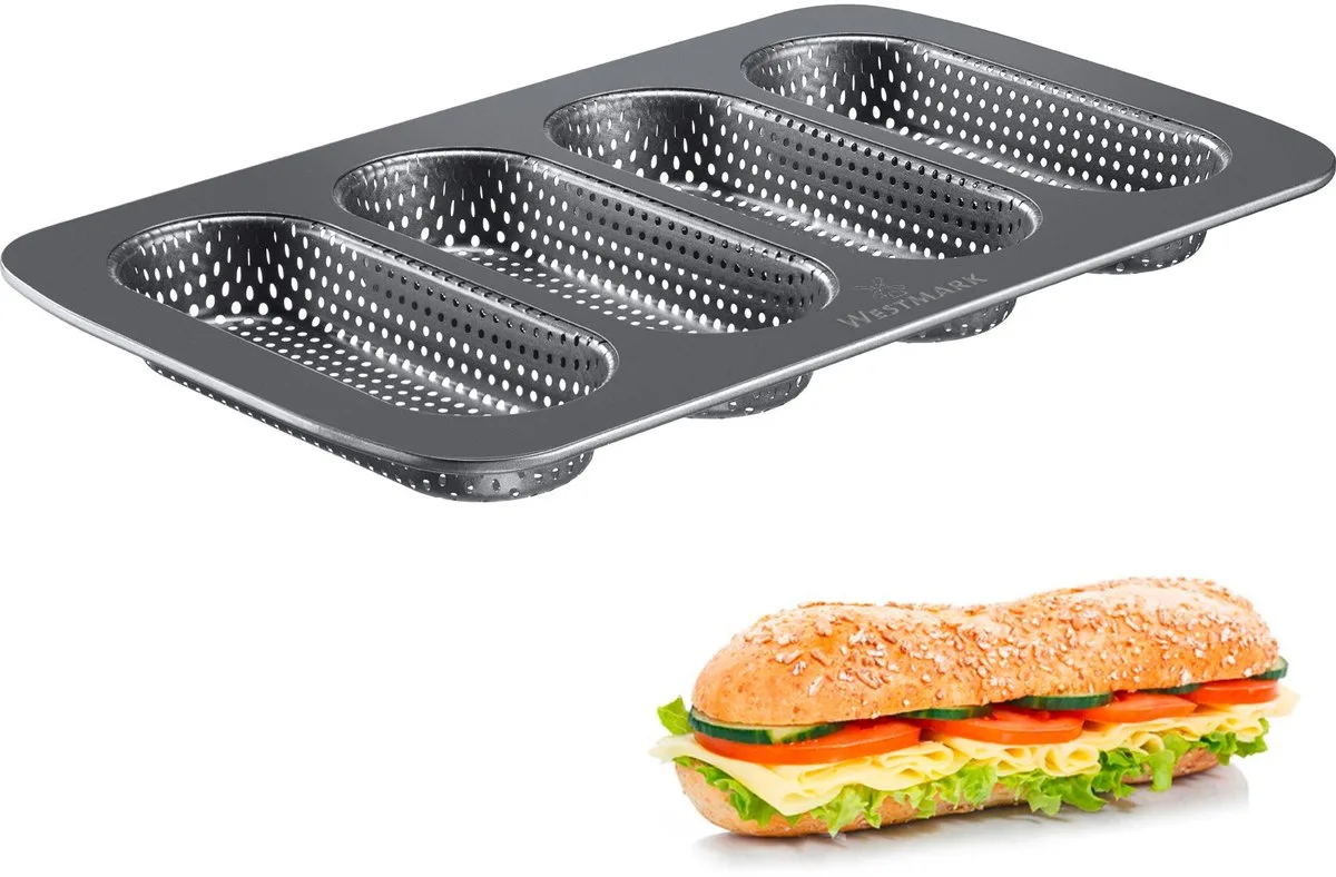 Baguette bakvorm, voor 4 stokbroodjes of hotdogbroodjes, lengte: 17 cm elk, staal, anti-aanbak, mini, antraciet, 32722260 de Westmark en Rouge – photo produit