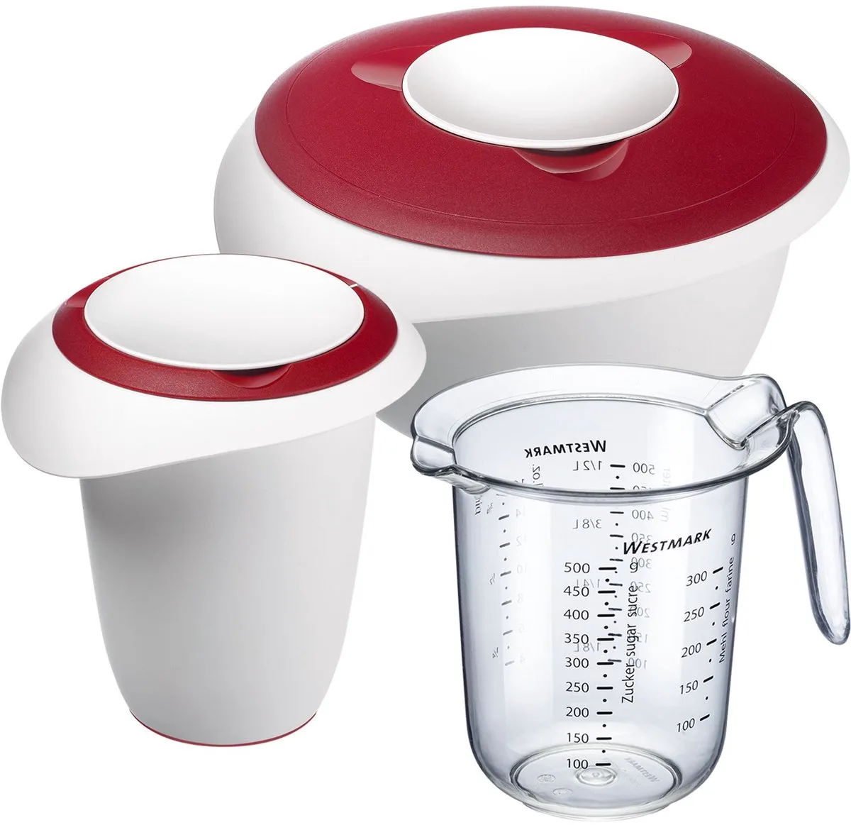 Bakset, 3-delig: 1 mengkom 2,5 l, 1 tuinpot 1 l, 1 maatkan 1 l, kunststof, wit/rood/helder, 315322E7 by Westmark in White, Red – product photo