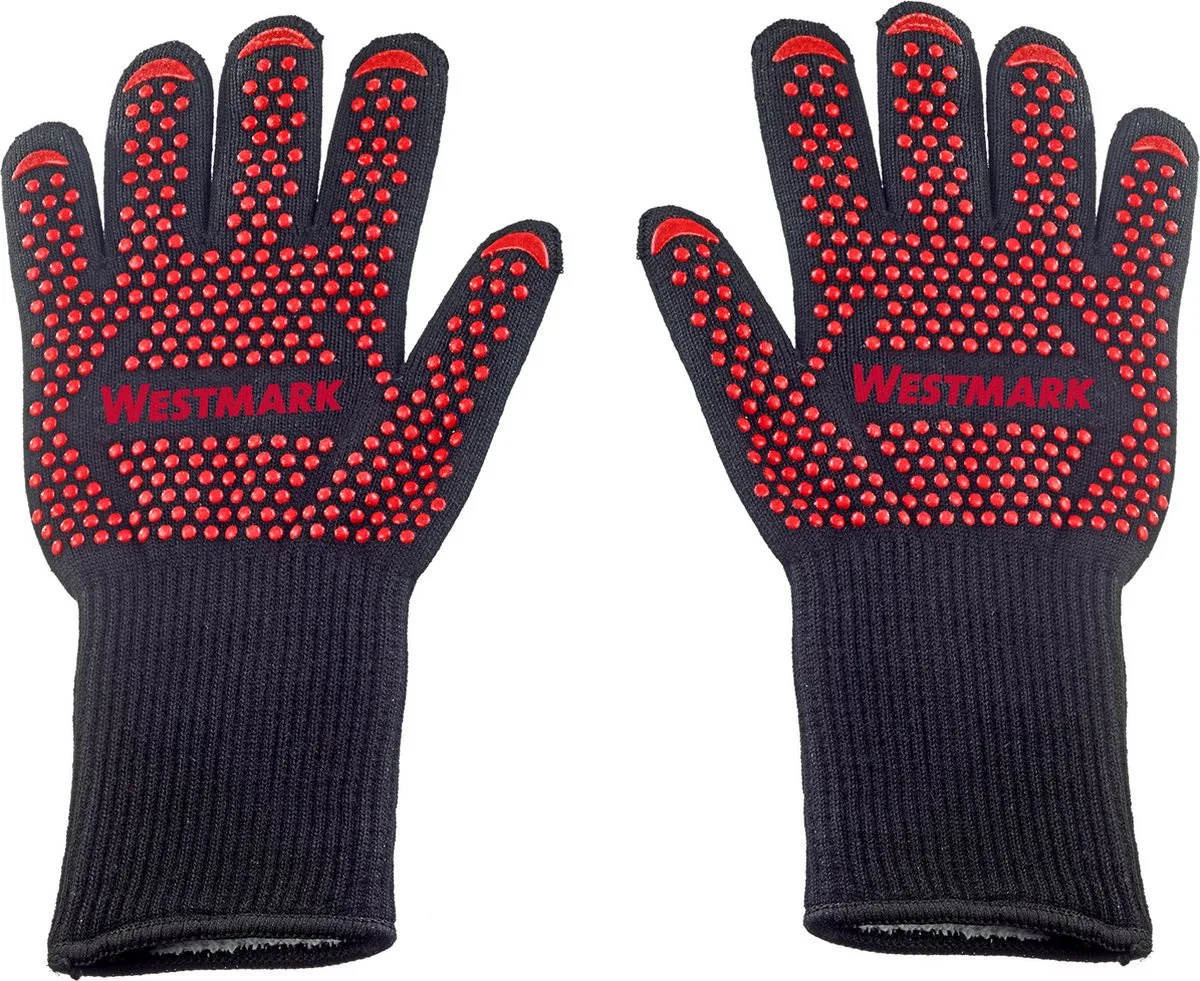BBQ-handschoenen – vuurvaste BBQ-handschoenen, voor veilig werken bij de BBQ, bij de oven of bij de open haard – 325 x 190 x 30mm, 2 stuks van Westmark in Rood – productfoto