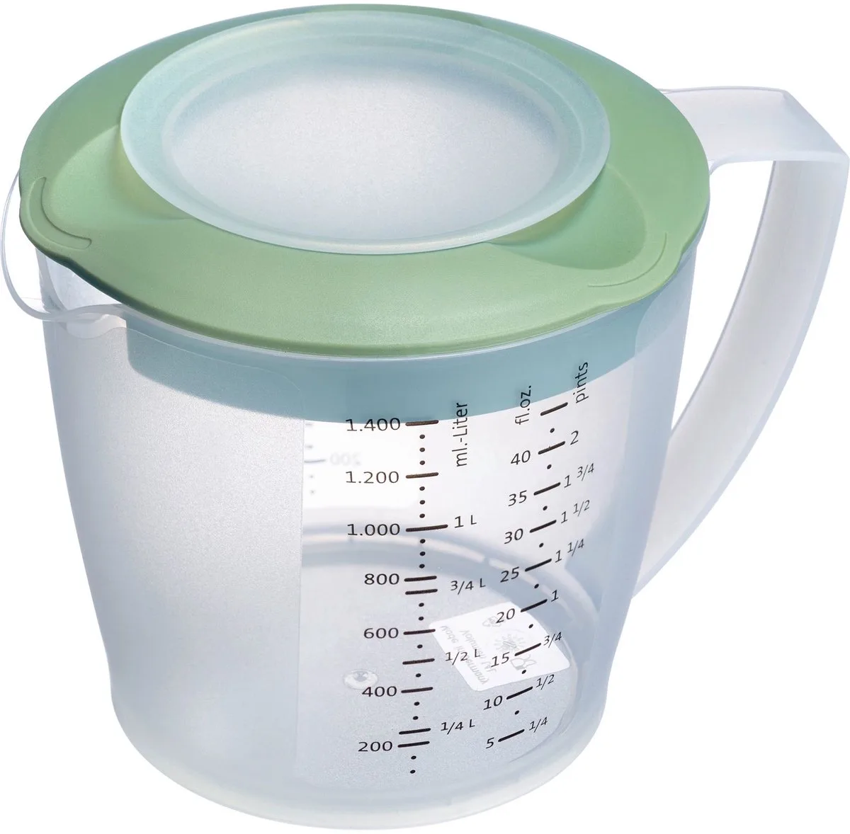Beslagkom/maatbeker met spatbescherming, deksel en tuit, kunststof, inhoud: 1,4 l, Helena, doorzichtig/mint 3105227M van Westmark in Groen – productfoto