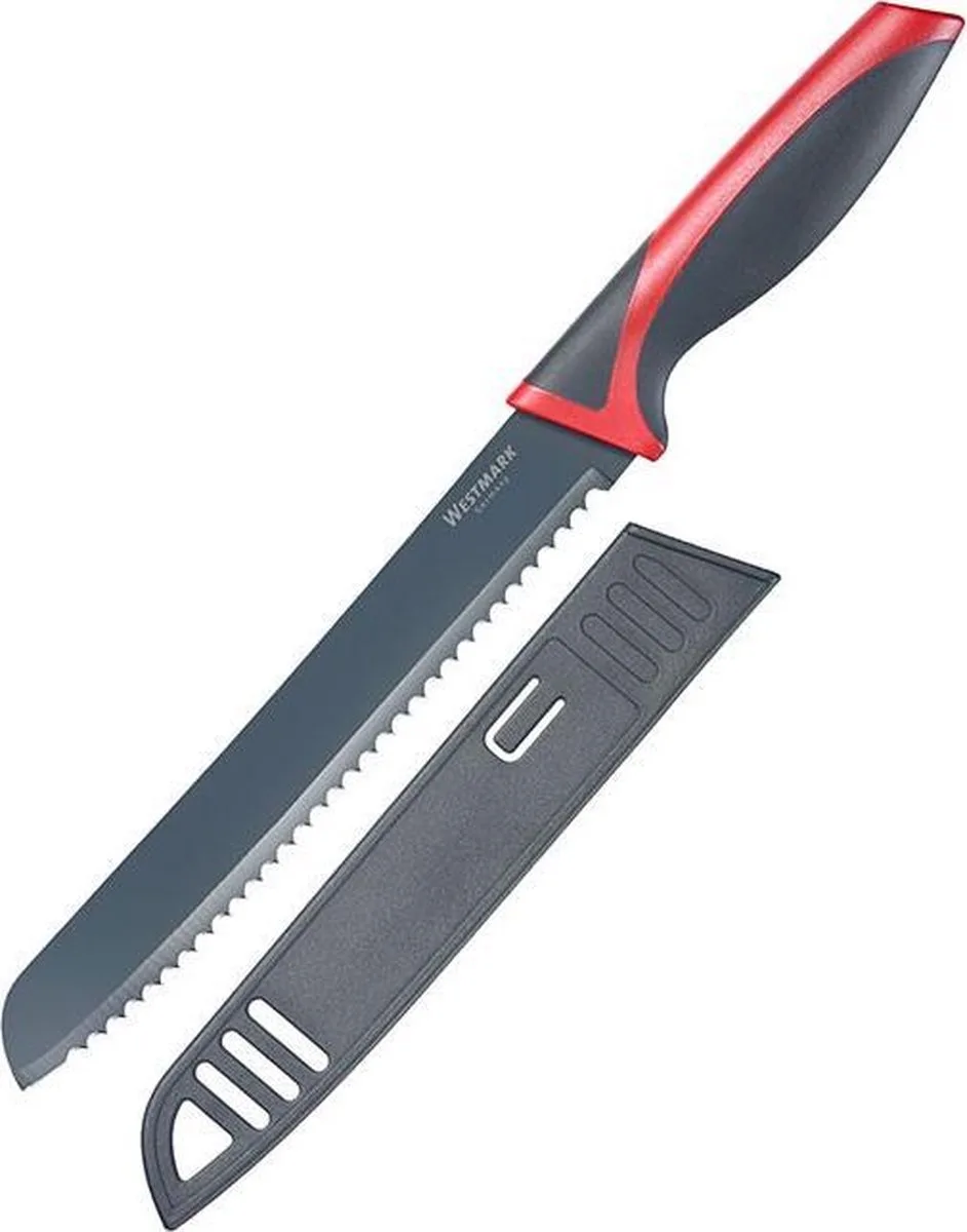 Broodmes, met lang gekarteld lemmet, lemmetlengte 20 cm, met mesbeschermer, roestvrij staal/kunststof, antraciet/rood, 14552270 van Westmark in Rood – productfoto