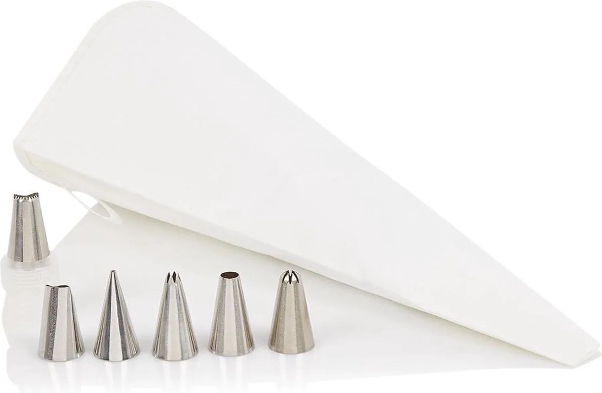 Decoratiespuit, garneerset met spuitzak, met tussenstuk en 6 spuitmonden, 7 stuks, lengte: ca. 27 cm, gecoat katoen/roestvrij staal, Steel, wit/zilver, 31002260 de Westmark en Argent – photo produit