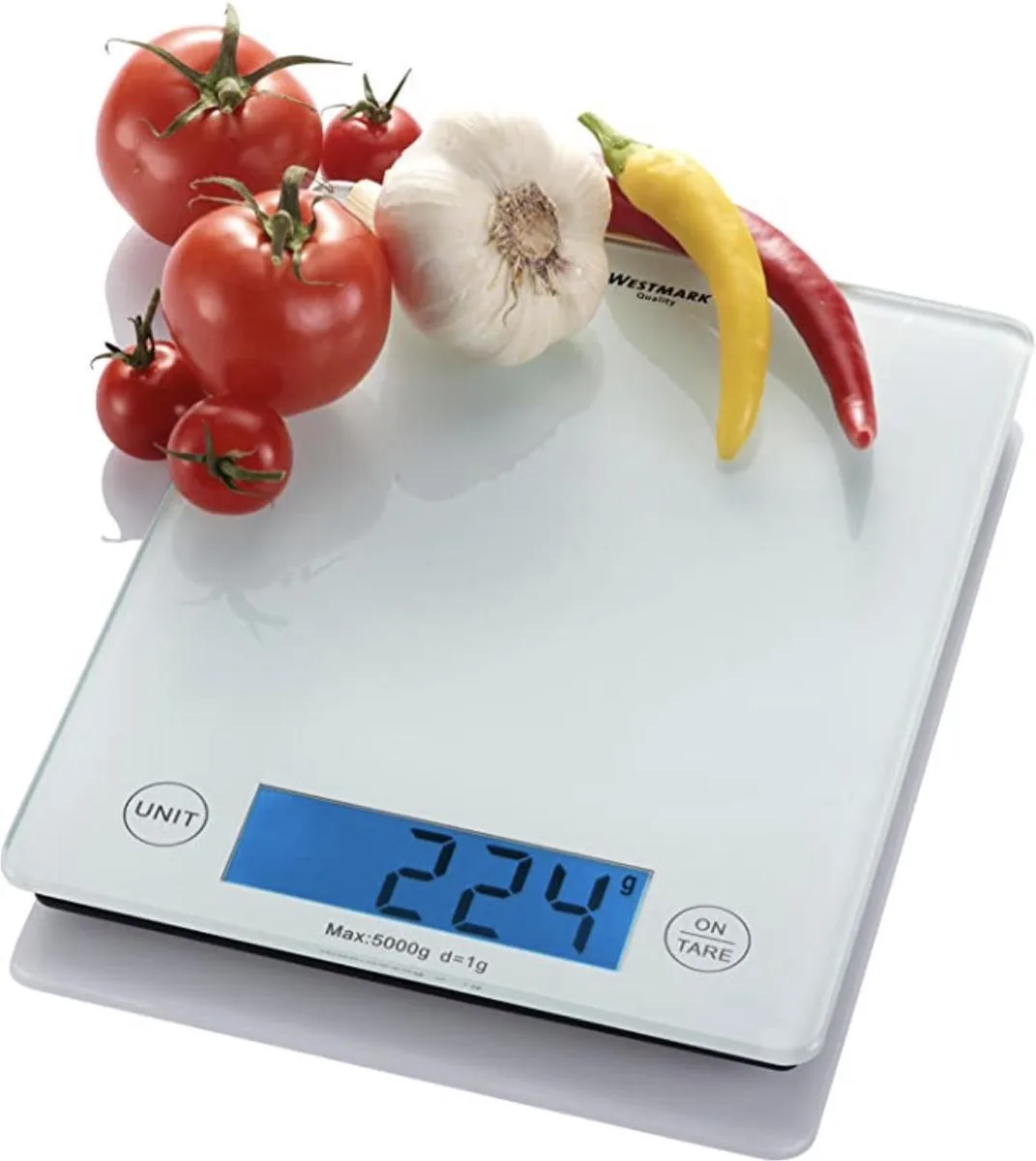 digitale keukenweegschaal met tarrafunctie, weegbereik tot 5 kg, glazen weegoppervlak, 23 x 18 x 1,8, matglas, elegantie, wit/transparant, 30332260 van Westmark in Wit – productfoto