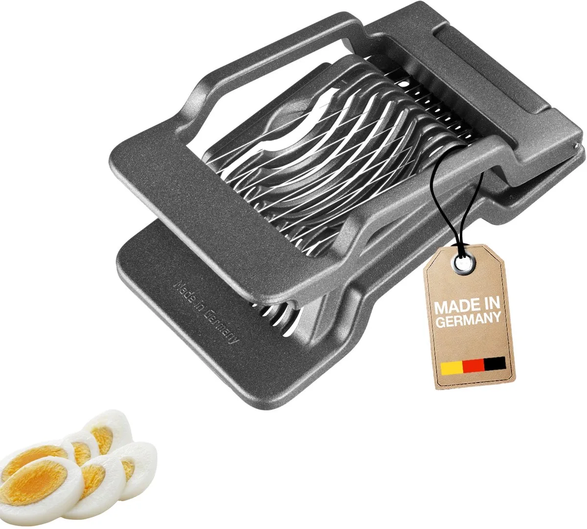 Egg Slicer Justus Black Edition – Egg Slicer voor ronde en ovale plakjes – Extra scherpe roestvrijstalen draden von Westmark in Anthrazit – Produktfoto