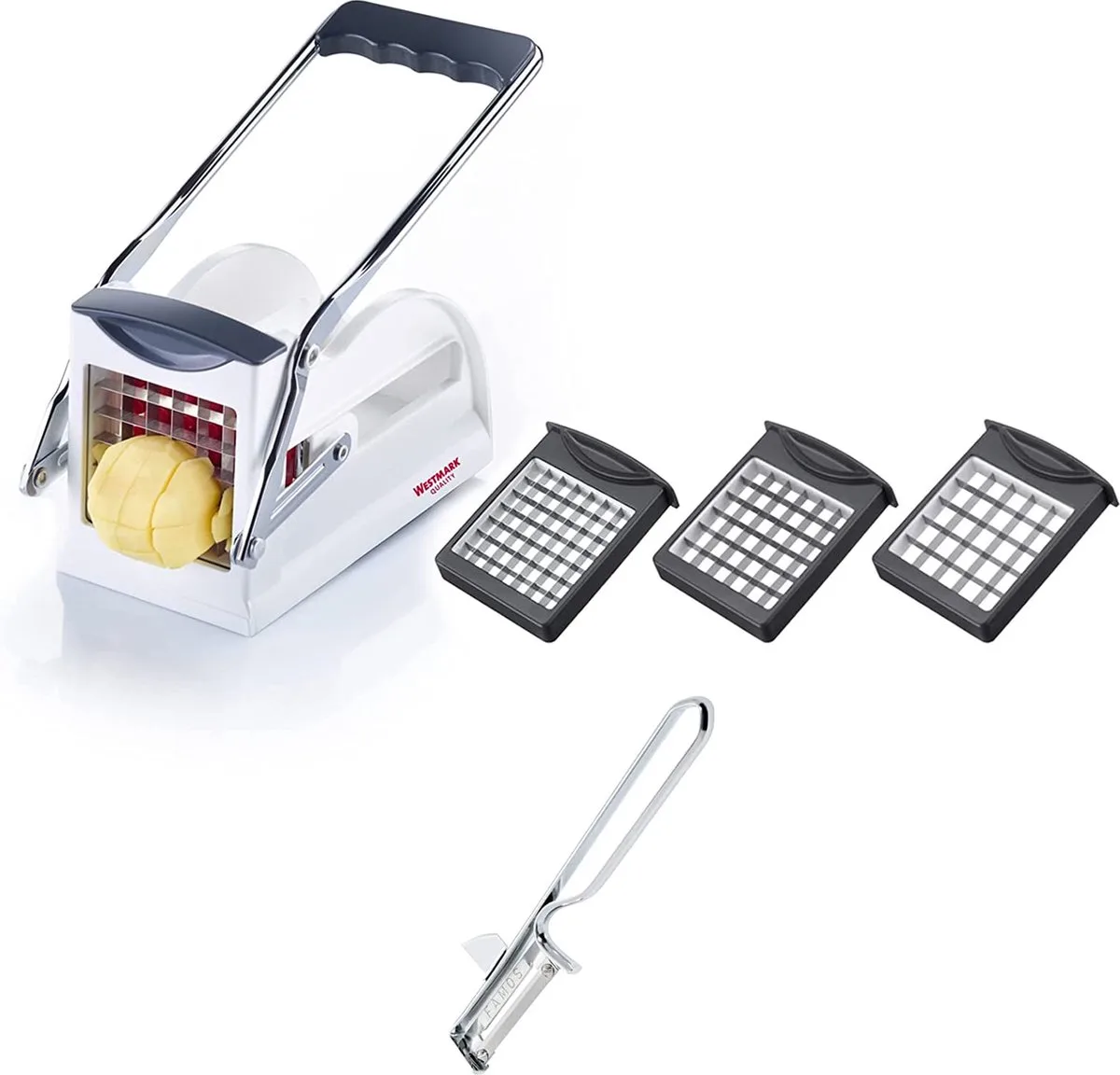 Fritessnijder met dunschiller 2-delige set Finger Food Groente Fruitpen met 3 Easy Stix snij-inzetstukken en Famos dunschiller 118022E7 van Westmark in Grijs – productfoto