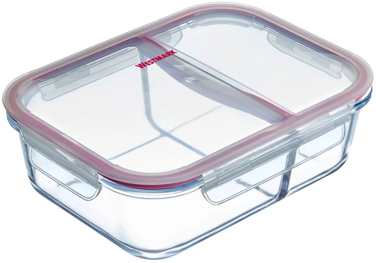 glazen vershouddoos, inhoud: 980 ml, met 2 aparte vakken, magnetron- en ovenbestendig, glas/siliconen/kunststof, transparant/rood, 234622E1 de Westmark en Transparent – photo produit