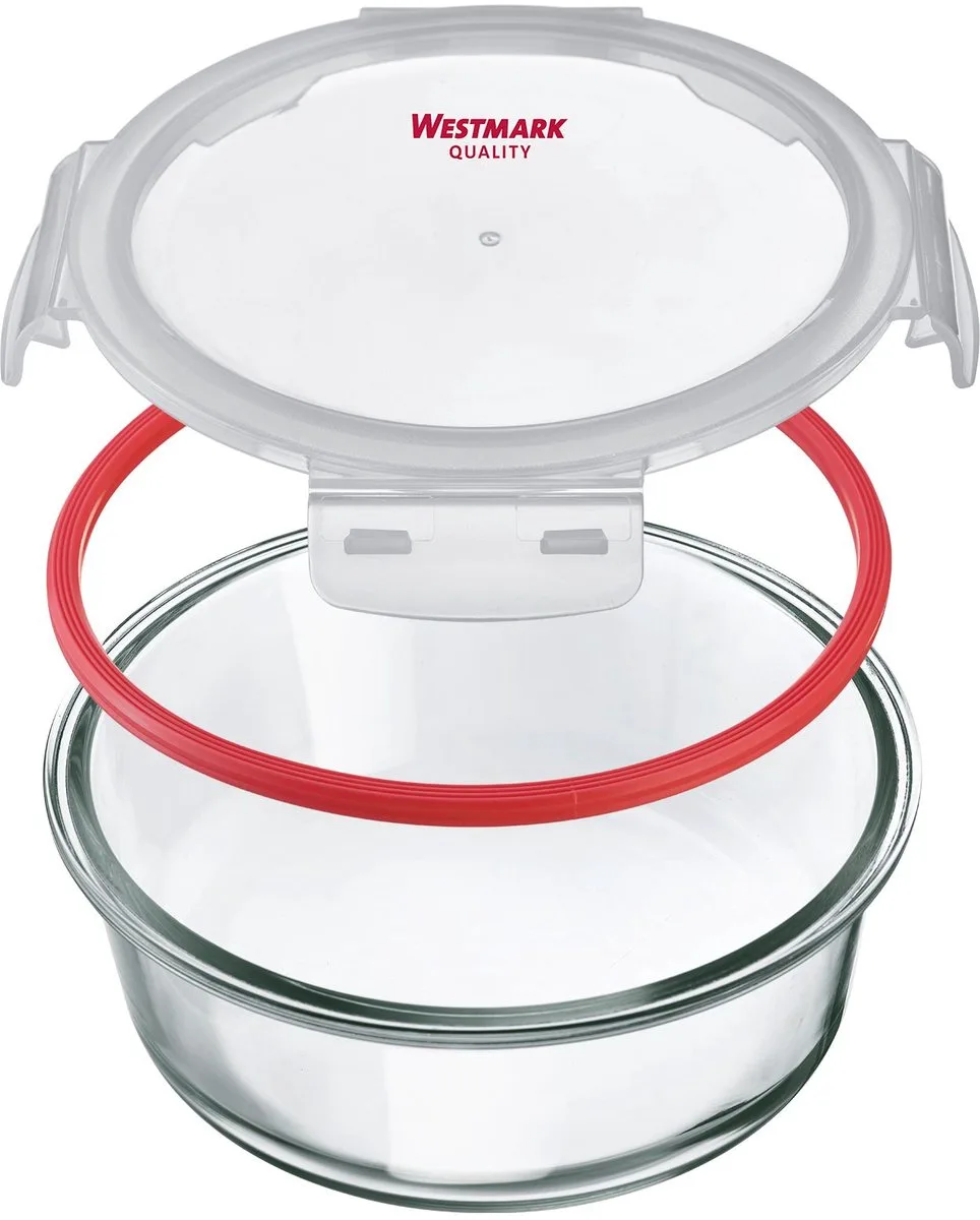 Glazen vershouddoos, rond, vulvolume: 1300 ml, magnetron- en ovenbestendig, glas/siliconen/kunststof van Westmark in Transparant, Rood – productfoto