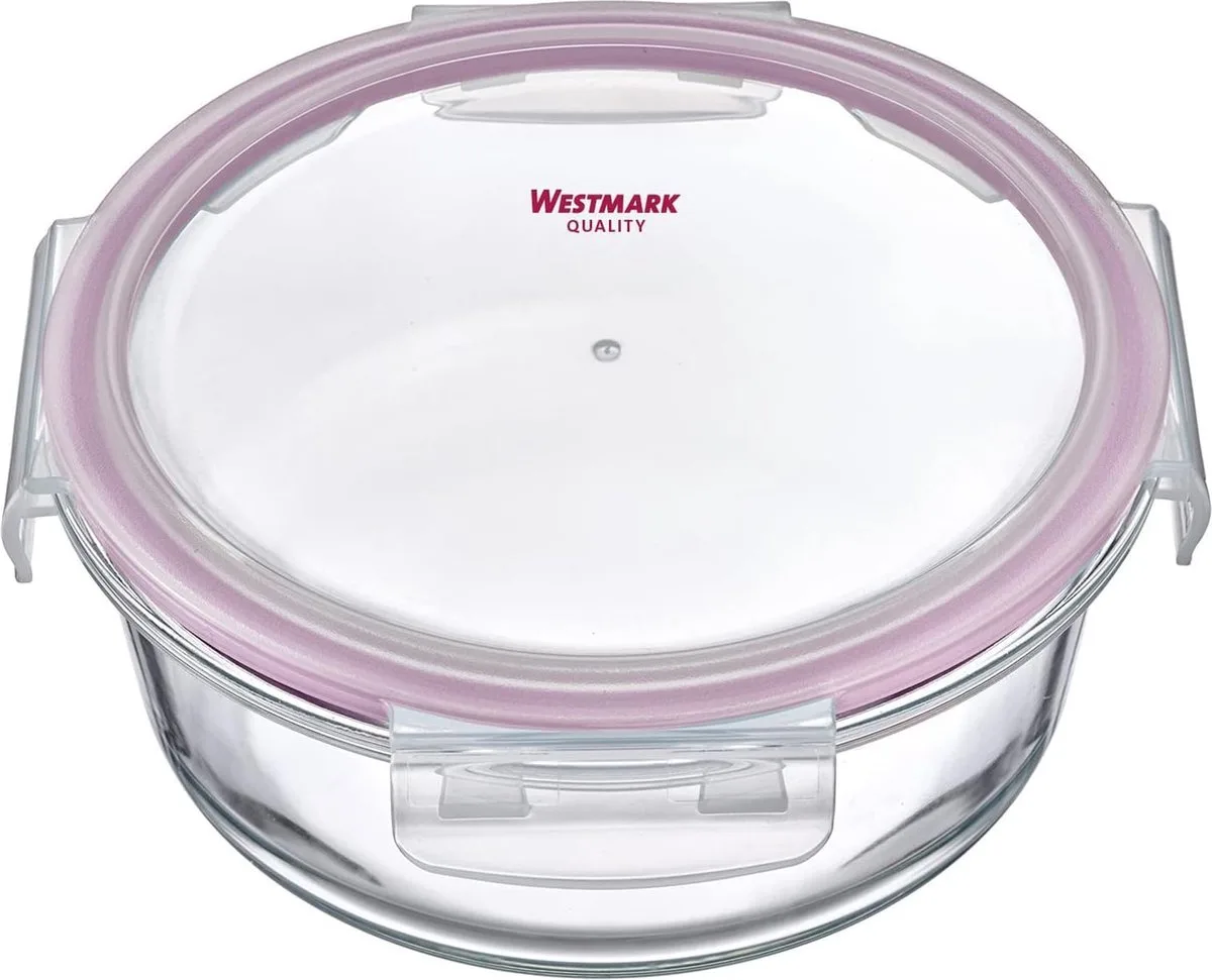 Glazen vershouddoos, rond, vulvolume: 650 ml, magnetron- en ovenbestendig, glas/siliconen/kunststof, transparant/rood van Westmark in Transparant – productfoto