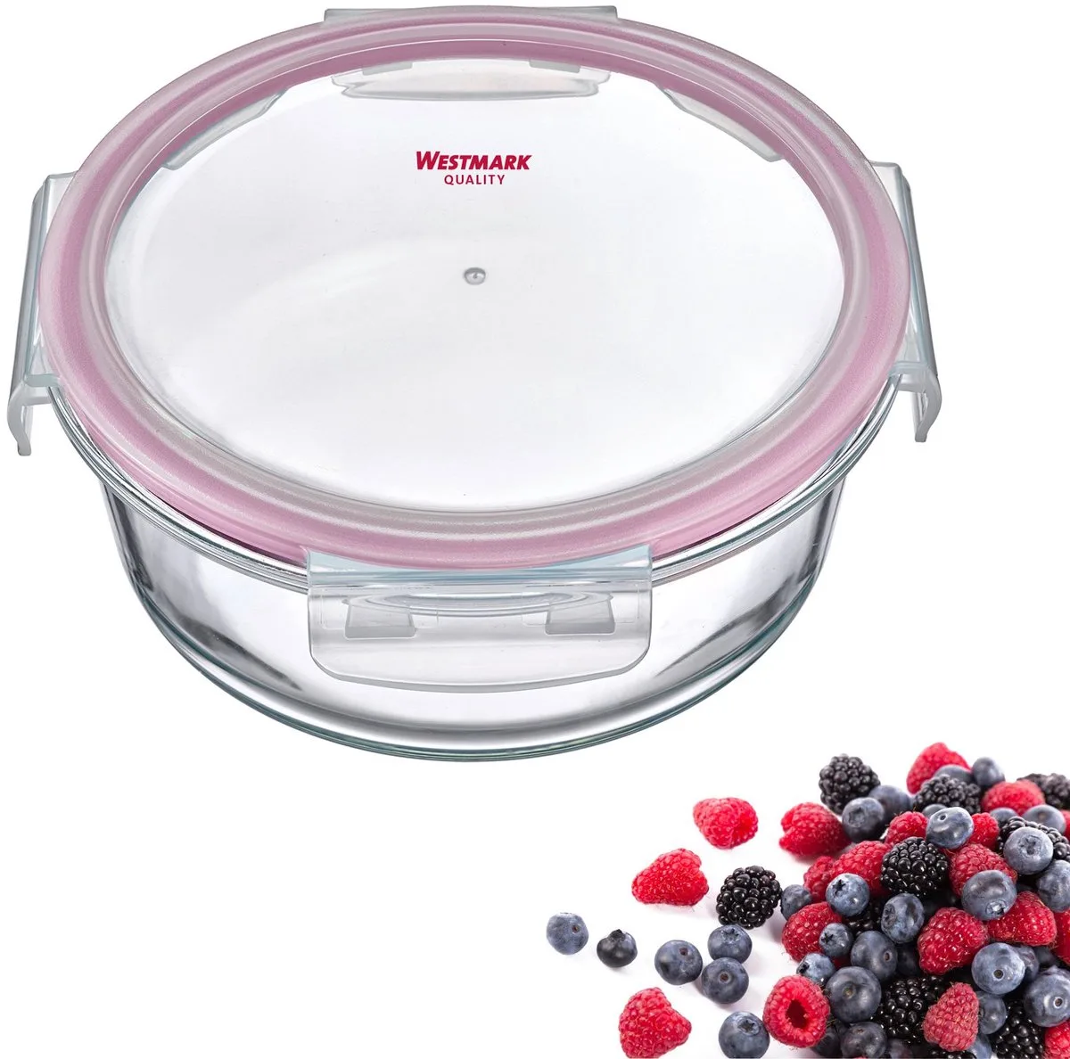 Glazen vershouddoos, rond, vulvolume: 950 ml, magnetron- en ovenbestendig, glas/siliconen/kunststof, transparant/rood fra Westmark i Gennemsigtig – produktbillede