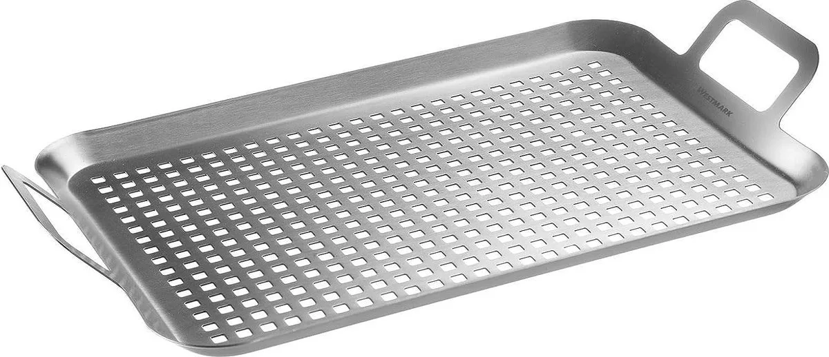 Grillpan plat en large, praktisch voor het grillen van groenten, vele en andere lekkernijen, duurzaam, vaatwasmachinebestendig, roestvrij staal van Westmark in Zilver – productfoto