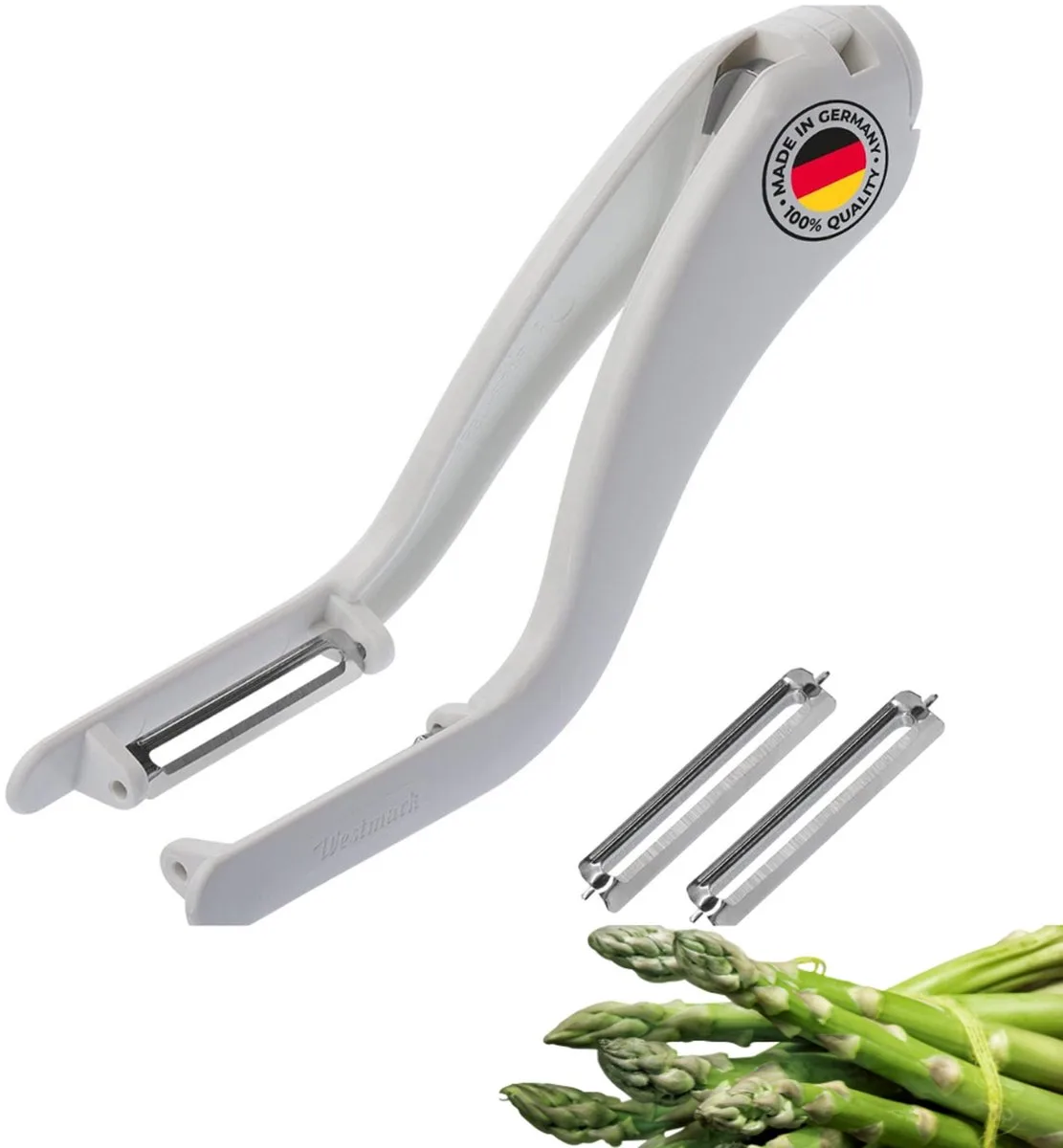 groente- en dubbele dunschiller/aspergeschiller, inclusief 2 vervangende roestvrijstalen messen, Peel-Star KS, kunststof, wit/zilver, 606022E6 van Westmark in Wit – productfoto