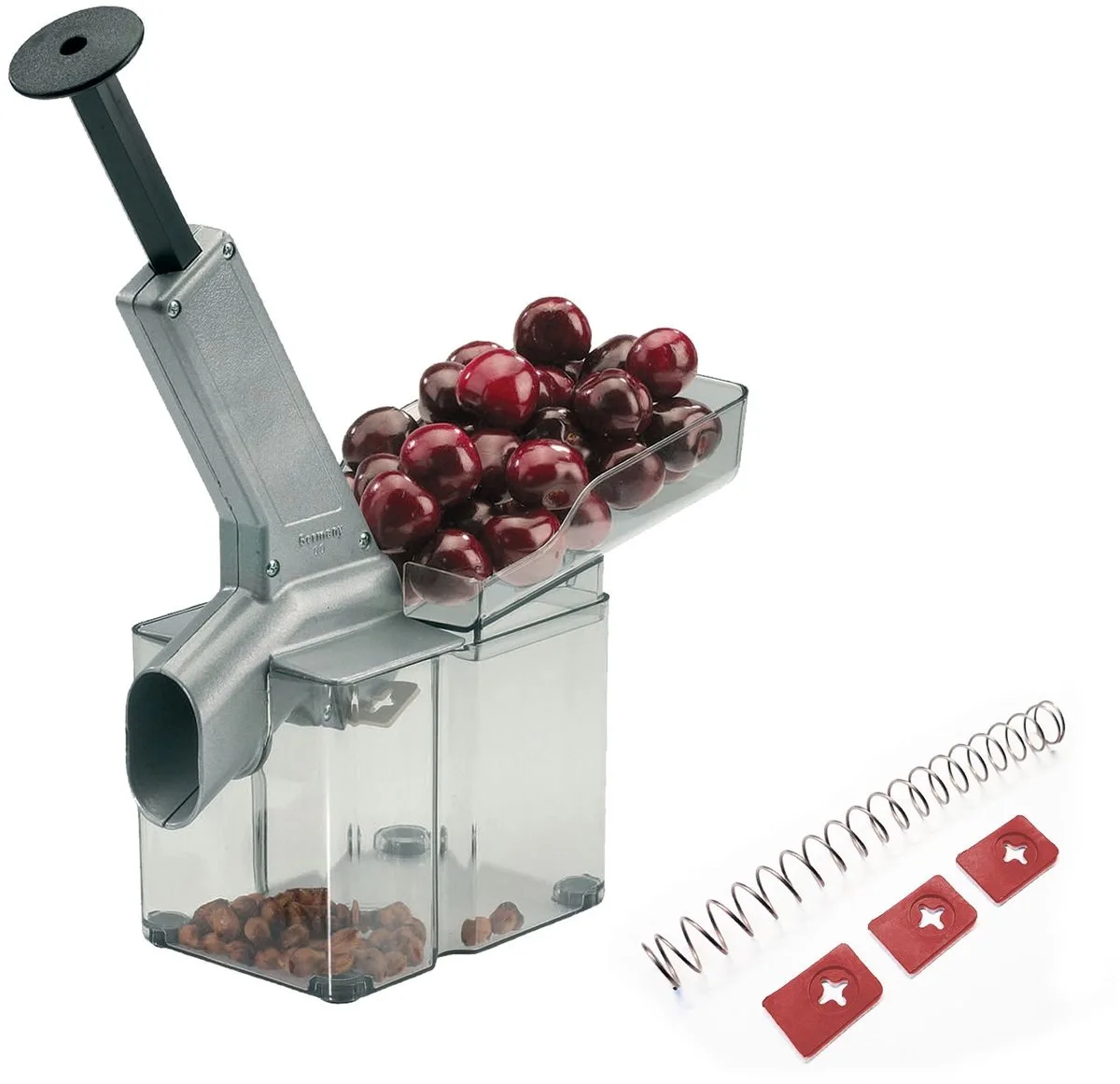 kersenontpitter met trechter en grote opvangbak, inclusief set slijtdelen, 4 stuks, kunststof/RVS/aluminium, Kirschomat, zilver/zwart/transparant, 407022E6 van Westmark in Transparant – productfoto